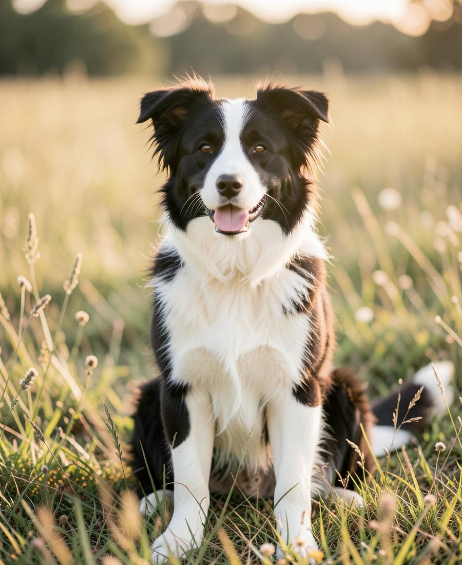 Demonstracijska fotografija: crno-bijeli border collie sjedi u livadi